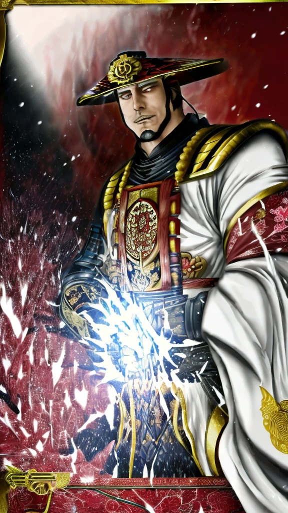  Create a highly detailed and realistic image of Oda Nobunaga, the famous Japanese daimyo and military leader from the Sengoku period. He should have a stern and commanding presence, with sharp facial features and a determined expression. Nobunaga should be depicted wearing traditional samurai armor, including a kabuto (helmet) adorned with a distinctive crest, and a dark, ornate kimono underneath. His armor should be intricately detailed with patterns and symbols. Include elements that reflect his status and power, such as a katana at his side and a background featuring a Japanese castle or battlefield. The setting should evoke the historical atmosphere of 16th-century Japan, with elements like cherry blossoms, banners, and traditional architecture. The lighting should highlight Nobunaga’s formidable and authoritative aura.