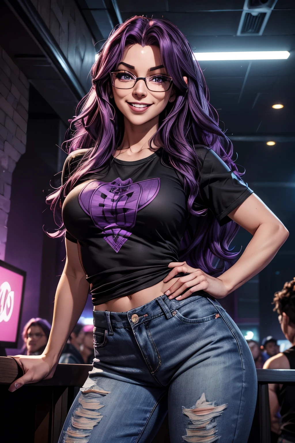 a purple haired woman, long curly hair, athletic build, mingling among a crowd at a night club. She smiles at the camera with a wicked sinister smile, (evil look).(highres:1.3), (4k,8k,best quality, masterpiece), intricate details, (detailed hands and fingers), wearing a tight t-shirt, thick rimed glasses, blue jeans