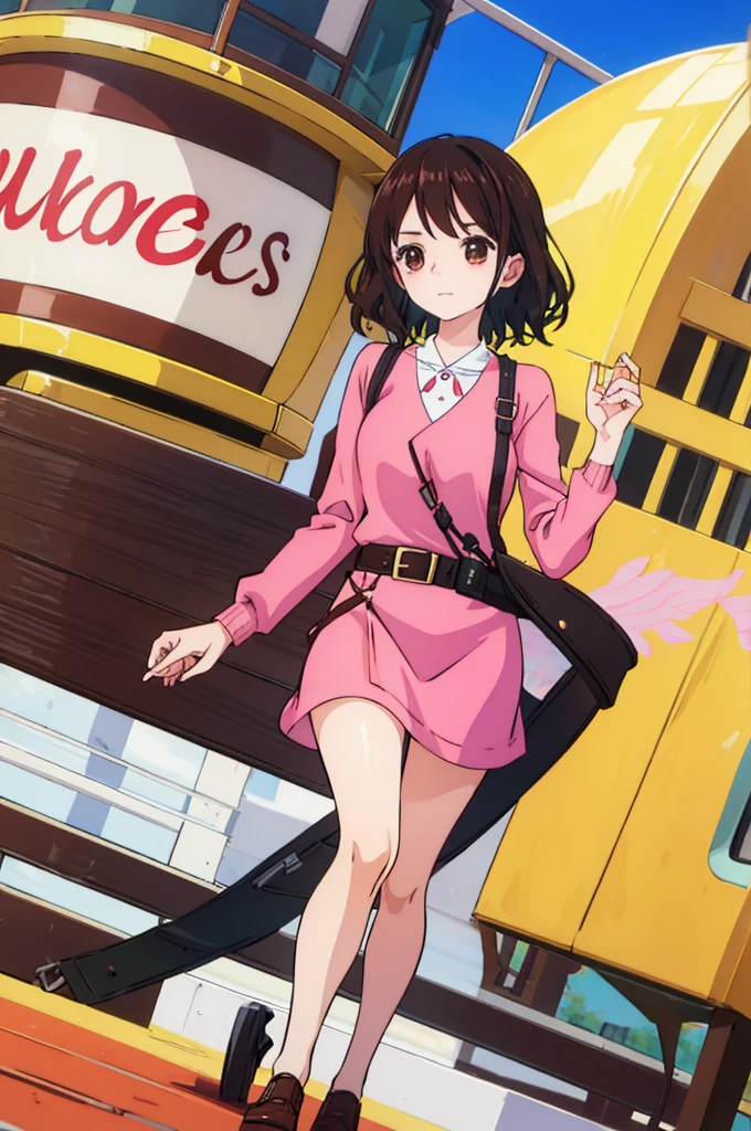 Beautiful cute pretty anime girl with short black wavy hair chocolate brown eyes wearing journalist outfit