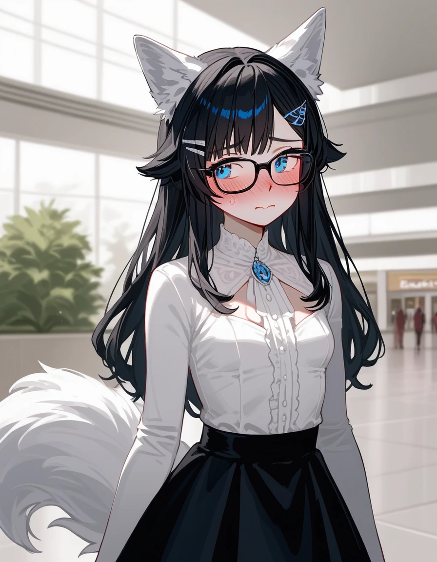 Solo, score_9,score_8_up,score_7_up, source_furry, a young nerdy Anthro furry wolf girl, wolf snout, white furry body, white fur, detailed fur, tall, long black straight hair, elegant black hair, hair clip, white wolf tail, blue eyes, black glasses, white wolf ears, white wolf tail, small breasts, wearing elegant white blouse, short black skirt, fidgeting, embarrassed expression, blushing, looking away, outdoors at a mall, upper body shot, 