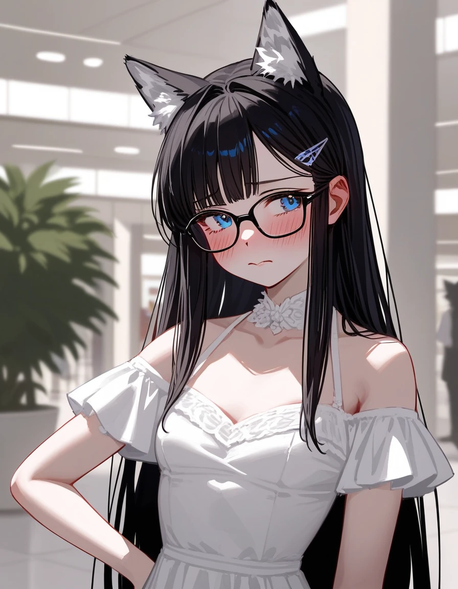 Solo, score_9,score_8_up,score_7_up, source_furry, a young nerdy Anthro furry wolf girl, wolf snout, white furry body, white fur, detailed fur, tall, long black straight hair, elegant black hair, hair clip, white wolf tail, blue eyes, black glasses, white wolf ears, white wolf tail, small breasts, wearing elegant white blouse, short black skirt, fidgeting, embarrassed expression, blushing, looking away, outdoors at a mall, upper body shot,