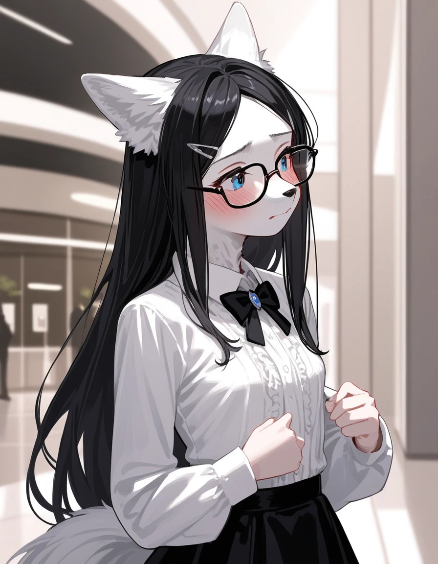 Solo, score_9,score_8_up,score_7_up, source_furry, a young nerdy Anthro furry wolf girl, wolf snout, white furry body, white fur, detailed fur, tall, long black straight hair, elegant black hair, hair clip, white wolf tail, blue eyes, black glasses, white wolf ears, white wolf tail, small breasts, wearing elegant white blouse, short black skirt, fidgeting, embarrassed expression, blushing, looking away, outdoors at a mall, upper body shot,