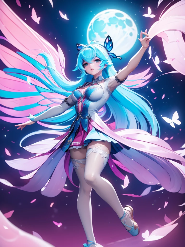 Seizo Watase style, Simple Line Initialism,Abstract art, 3d character, colorful hearts ,(((The most beautiful girl of all time))), (full body 1.2), only girl, long hair, bufferfly and sky background, 20 year old, full body, (((8k))), (((3d)), blue and pink hair, Large butterfly wings on the back, moon, ballet dance, one hand raised above