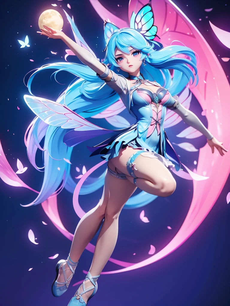 Seizo Watase style, Simple Line Initialism，Abstract art, 3d character, colorful hearts ,(((The most beautiful girl of all time))),  (full body 1.2), only girl, long hair, bufferfly and sky background, 20 year old, full body, (((8k))), (((3d)), blue and pink hair, Large butterfly wings on the back, moon, ballet dance, one hand raised above