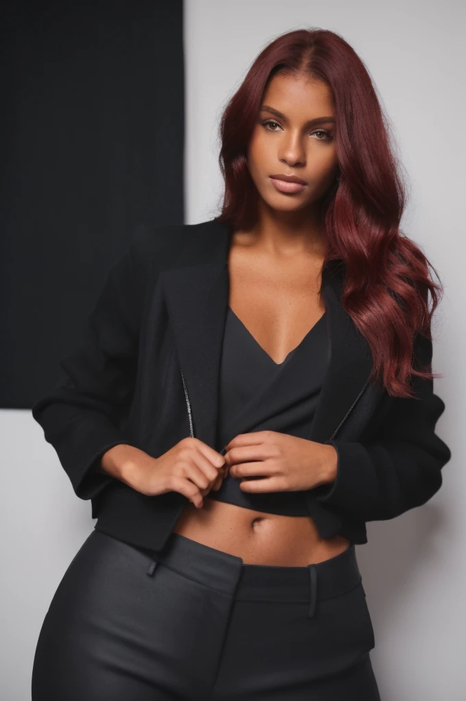 (a thin black woman). (She has dark red hair, medium length and wavy). She is 20 years old. ((She wears an elegant black blouse, with a black jacket and sophisticated brown pants)). well-groomed and realistic hands. She is on a white wall with lights in the background. Extremely realistic photo, 8k quality.