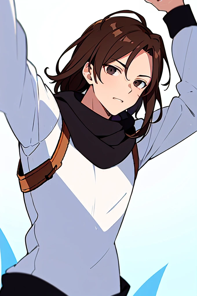 [(WHITE BACKGROUND:1.5),::5], (((masterpiece))), high quality, very_high_resolution, large_filesize, full color, Solo, (1 boy), 17 old year, (men's long brown hair), vivid color, Black eyes, , upper body, anime style, Boku no hero academia 