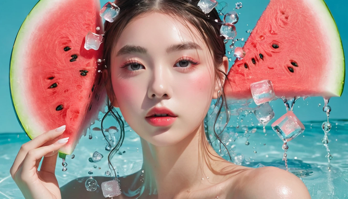 Summer Watermelon Girl,Dopamine age, Cool summer days,Chilled watermelon,Ice cubes,The watery girl,Delicate skin,Hydration,Shiny,Shiny,dream,Front view,bust,pearl