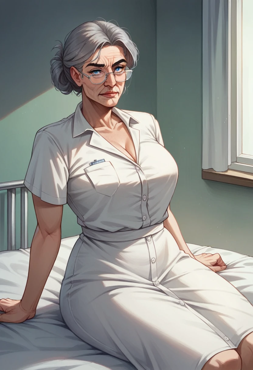 1 woman with gray hair dressed as a nurse, (Good), In a room, skin denture, neckleace, shining skin, perfect detailed eyes, Stockings, Shy and flushed face