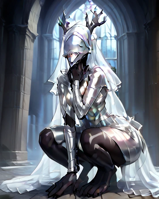 score_9, score_8_up, score_8, source_anime, 1girl, faceless, shiny silver veil dress, transparent veil face, blue veil,transparent veil, gauntlets, colored skin, pale skin, small breasts, slim waist, slender arms, big ass, looking at viewer, crouching,
castle background,transparent skirt