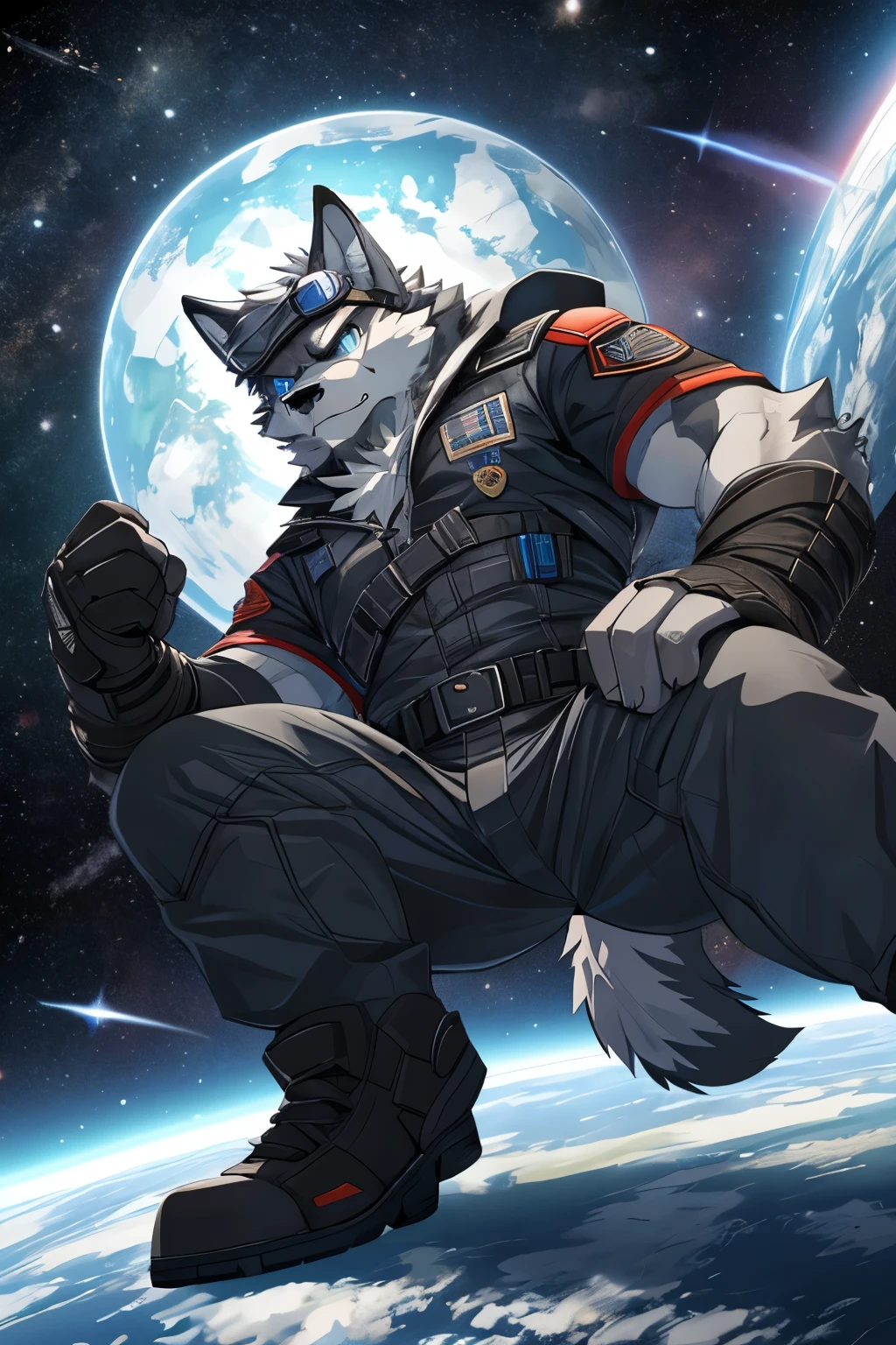 Masterpiece, Solo, Furry Gray Wolf, Gray Fur, Blue Eyes, Gray Short Hair, Medium Muscular Body, Adult, Cool Pose, Handsome, Combat Shirt, Combat Gloves, Goggles, Good Looking, Fierce, angry. macro on tiny planet's surface in space, low angle, raising his leg to stomp you