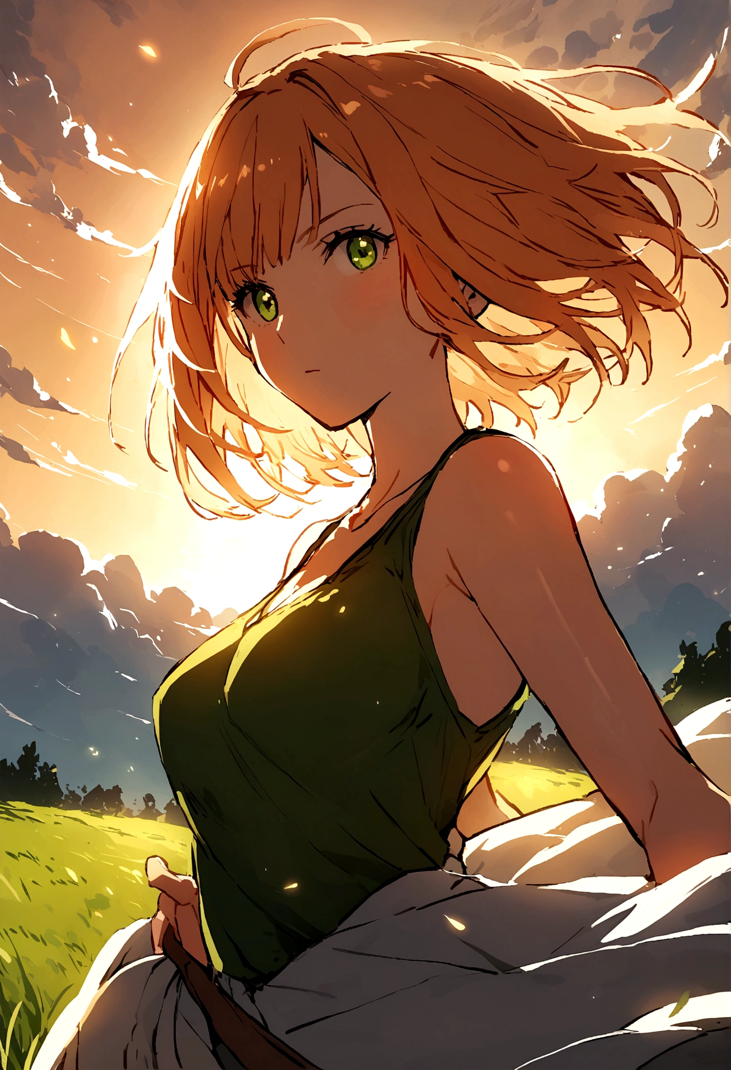 Girl with short hair,grassland,pastures,wind