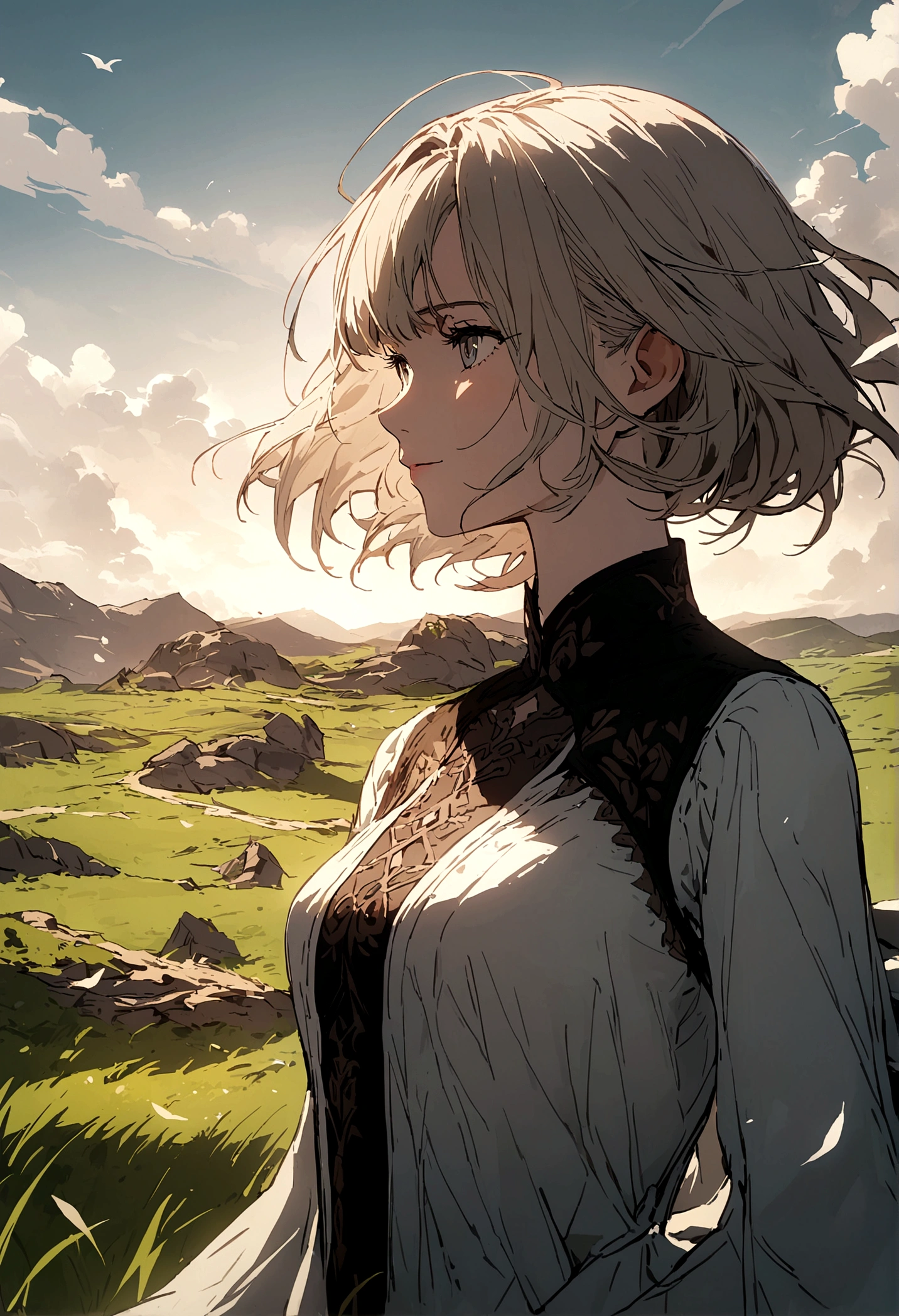 Girl with short hair,grassland,pastures,wind