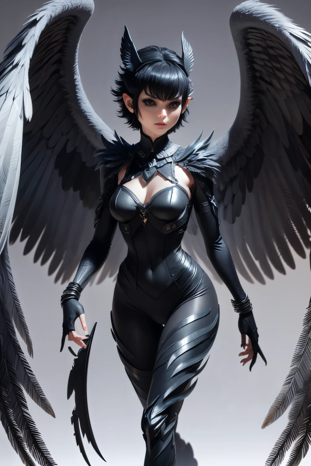 harpy,black wings,black arms wings,black short hair,black suit,black plague mask