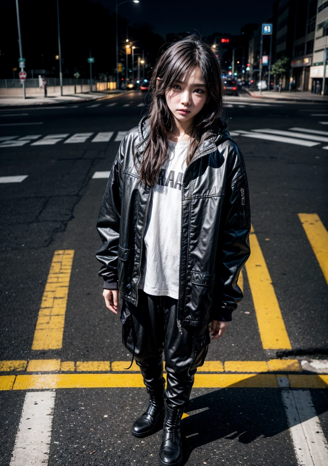 Photography, aerial view, professional model, standing on massive a complicated crosswalk center inspired by Shibuya scramble, stare into the camera, wearing black washing safari long jacket with black hoodie, black cargo pants, dark grey boots, realistic photographs --ar 9:16 --style raw --stylize 750 --v 6