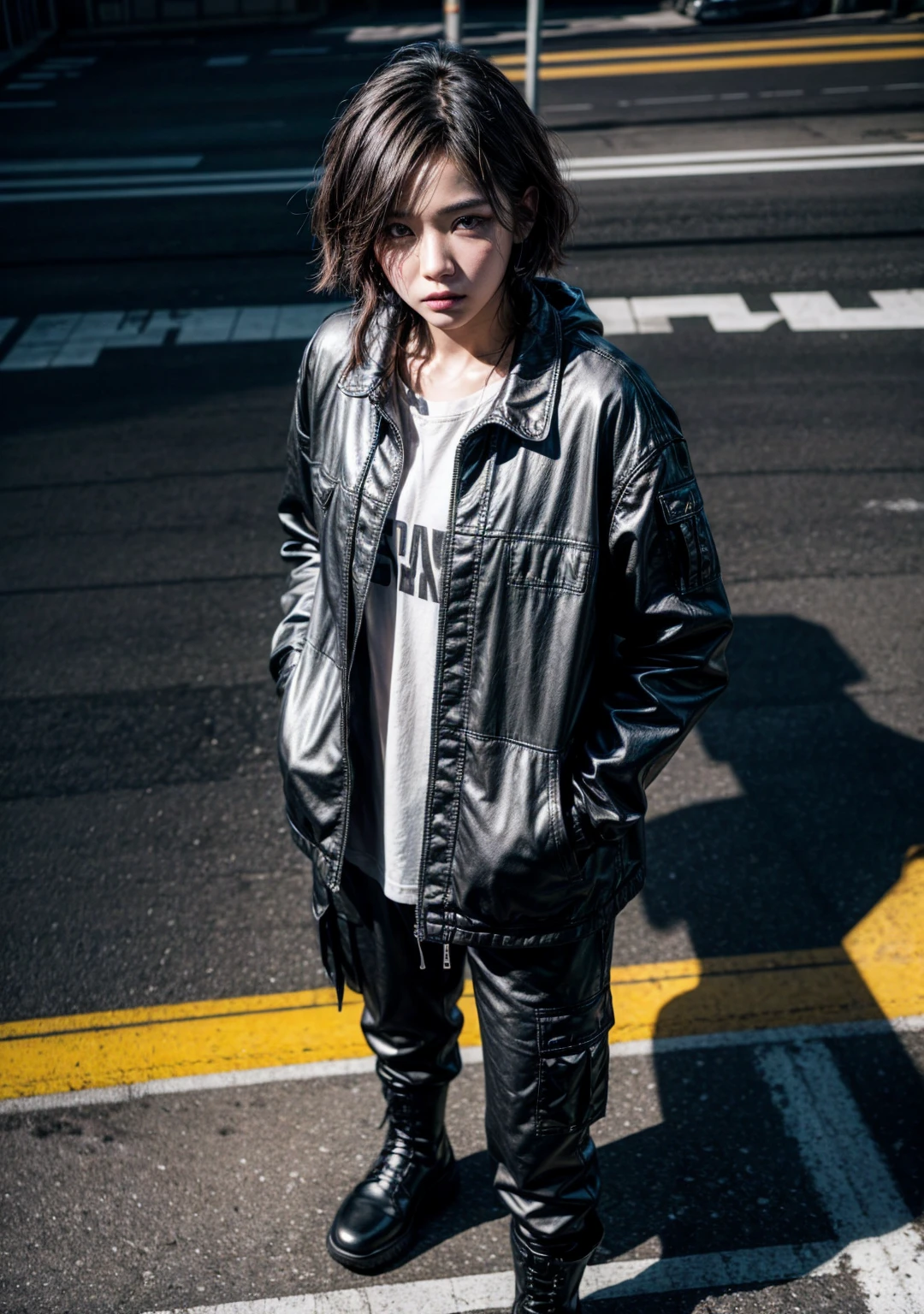 Photography, aerial view, professional model, standing on massive a complicated crosswalk center inspired by Shibuya scramble, stare into the camera, wearing black washing safari long jacket with black hoodie, black cargo pants, dark grey boots, realistic photographs --ar 9:16 --style raw --stylize 750 --v 6