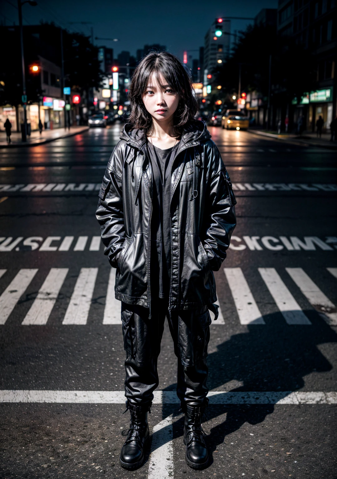 Photography, aerial view, professional model, standing on massive a complicated crosswalk center inspired by Shibuya scramble, stare into the camera, wearing black washing safari long jacket with black hoodie, black cargo pants, dark grey boots, realistic photographs --ar 9:16 --style raw --stylize 750 --v 6