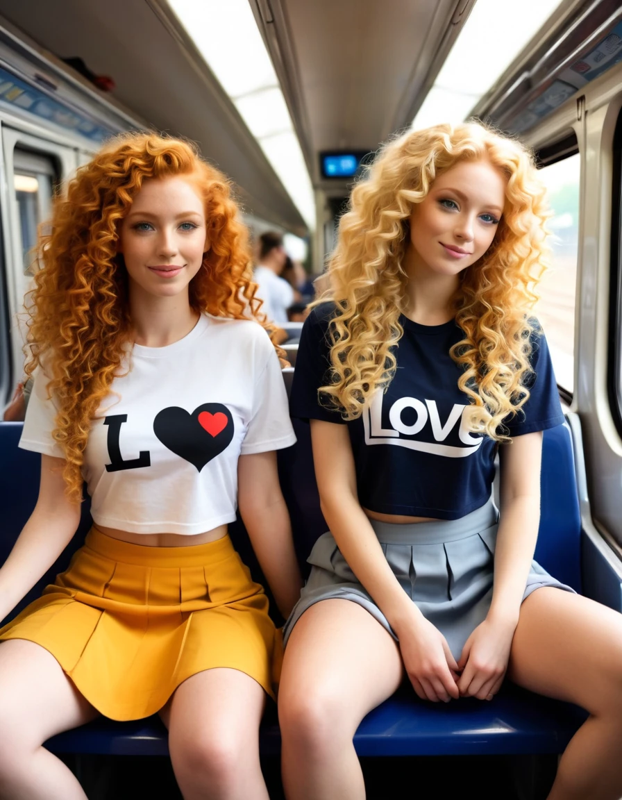 2 very attractive 25 year old girls, 1 long very curly ginger hair, 1 long wavy platinum blonde hair, sitting on a train, holding hands, very romantic, very much in love, both wearing different  t-shirts, different colour long skirts, bare midriff. very realistic