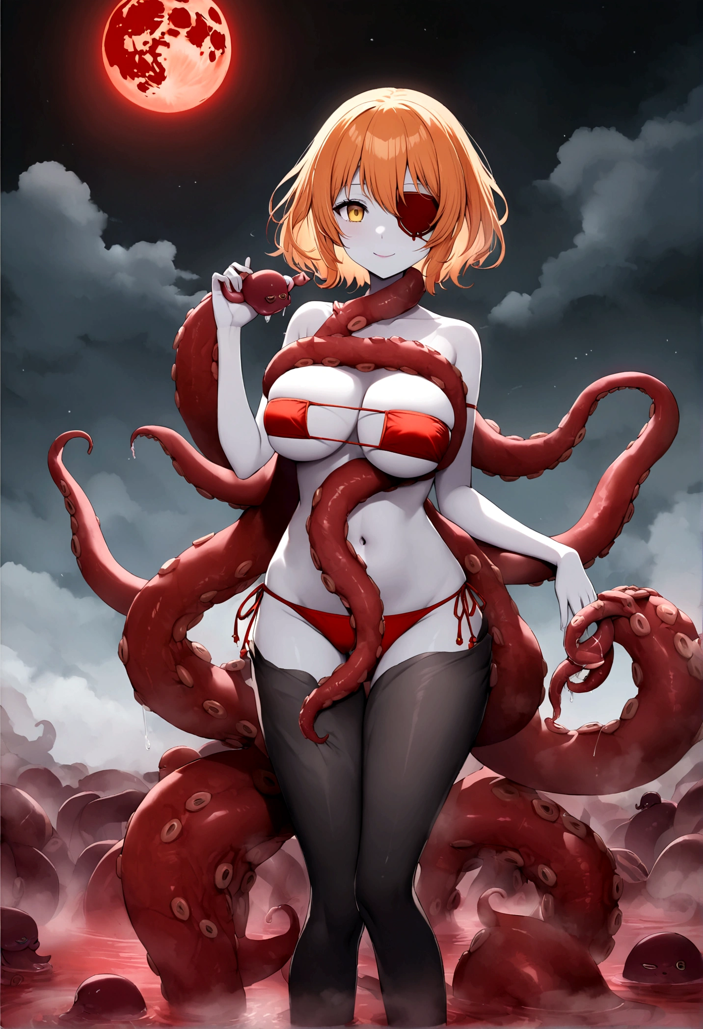 A beautiful anime-style girl with short orange hair,(((detailed)))Yellow Eyes,Transparent hair,short hair,Bright Face,smile,Delightful beautiful girl,(((detailed)))メリハリあるグラマスボディのLori,Lori,Big Breasts,(((detailed)))A beautiful immoral girl wearing a provocative yellow and red bikini,Eyepatch bikini,Gstring,Pale skin,(((detailed)))Full Body Shot,octopus,Countless tentacles wrapping around the body,Tentacles that wrap around hands, feet, etc.,(((detailed)))fog,Red Moon,Mysterious Flower,Lake of Darkness。