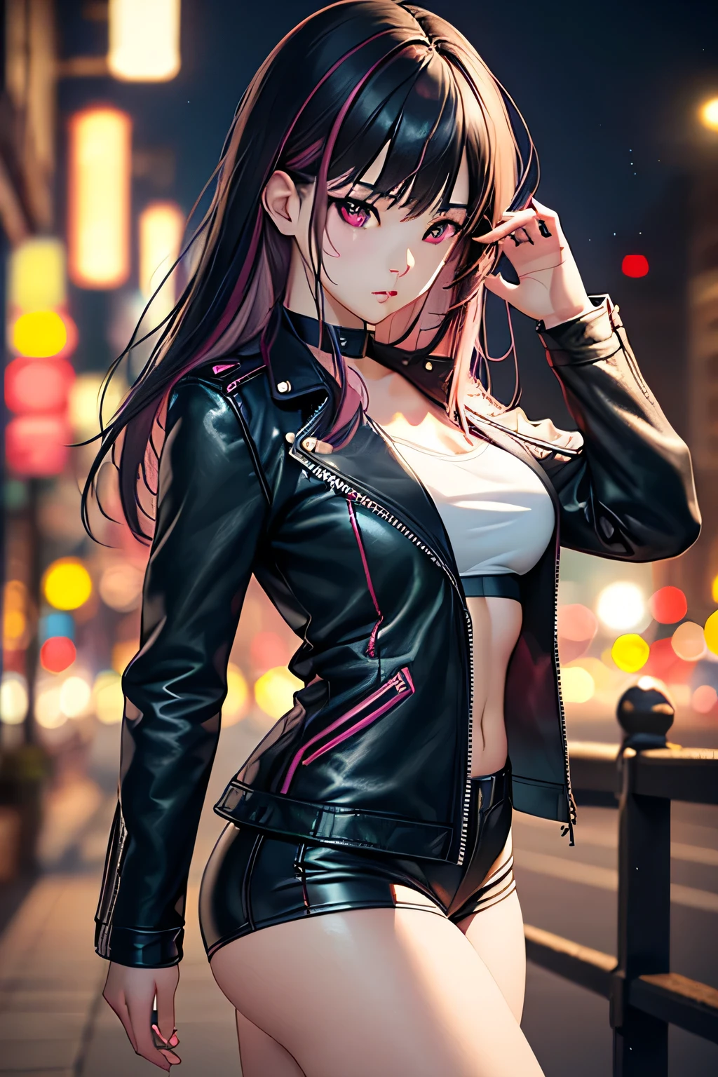 ((1girl, solo , long hair, black clothes, pink lipstick, Nico Robin, woman, (one piece) , dynamic pose, ), ((solo, 1woman, pink lipstick, Extremely detailed, ambient soft lighting, 4k, perfect eyes, a perfect face, perfect lighting, a 1girl)),  leather boots, leather jacket, black jacket, full body