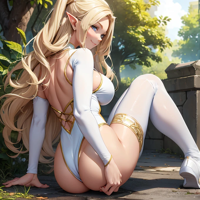 (absurdres, best high quality image, carefuly detailed features and textures, very detailed image) character back view: Elf queen 1.000 years old mature adult milf, beautiful face, sexy feminine and sexy features, beautiful light blue eyes, voluptuous body, big breasts, huge butt, beautiful legs, golden long hair, golden eyebrows, (white one-piece leotard, white knee pads, white middle finger sleeves, white elbow pads, white runing shoes, cleavage), comedic funny blushing expression, smiling kindly, swalkimg while adjusting her leotard, in the park under the sun of the morning, smiling and enjoying the moment