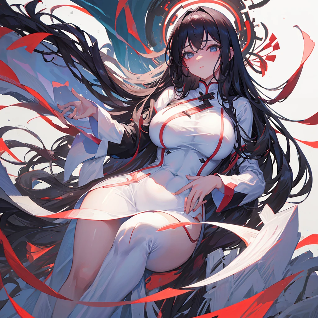 A beautiful woman,Wearing white cheongsam,Black long hair,Big breasts,Beautiful figure,((Pure white background))