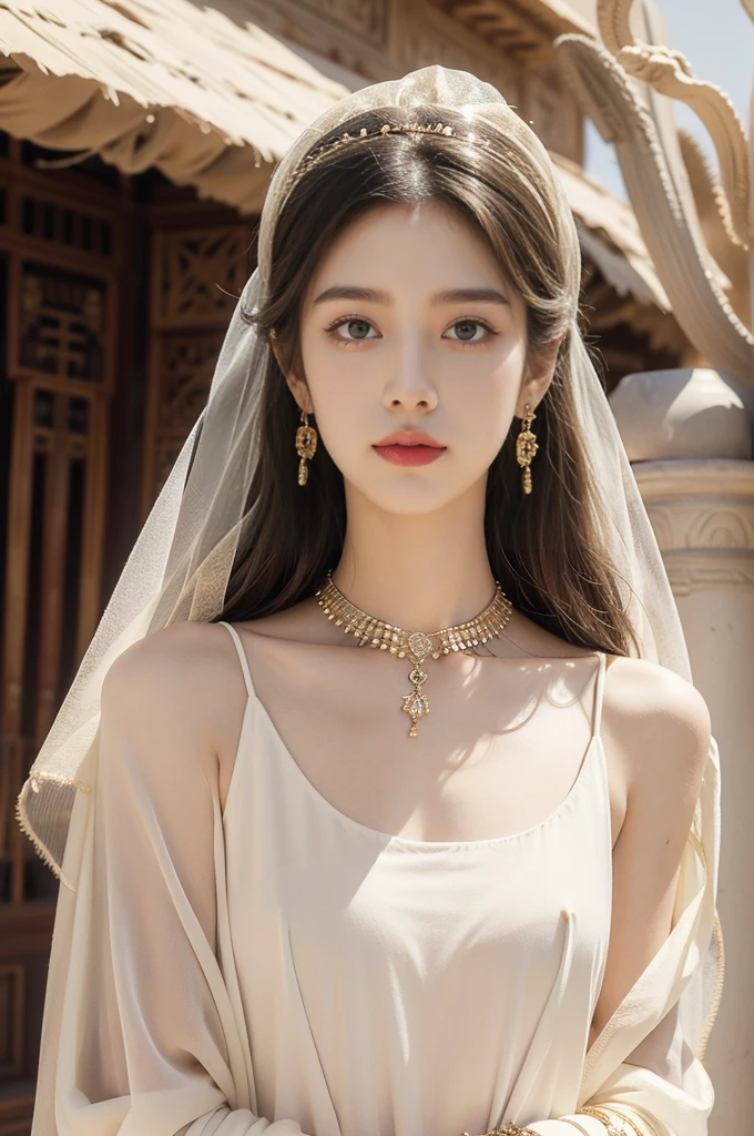 (((best quality))),(((ultra detailed))),(((masterpiece))),illustration,1girl, solo,princess, Arabic,slim,thin,flat chest,small breasts, ((palace, desert)), gold, gemstones,headscarf, veil on face,white sheer traditional clothing, hairband, deep eyes, elegant face, subtle smile,earrings,necklace, sunlight, shining, serene, environment,day scene,out door,standing,arms behind back,upper body,from front