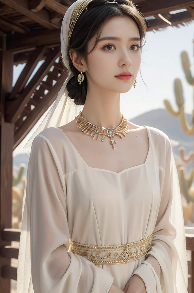 (((best quality))),(((ultra detailed))),(((masterpiece))),illustration,1girl, solo,princess, Arabic,slim,thin,flat chest,small breasts, ((palace, desert)), gold, gemstones,headscarf, veil on face,white sheer traditional clothing, hairband, deep eyes, elegant face, subtle smile,earrings,necklace, sunlight, shining, serene, environment,day scene,out door,standing,arms behind back,upper body,from front