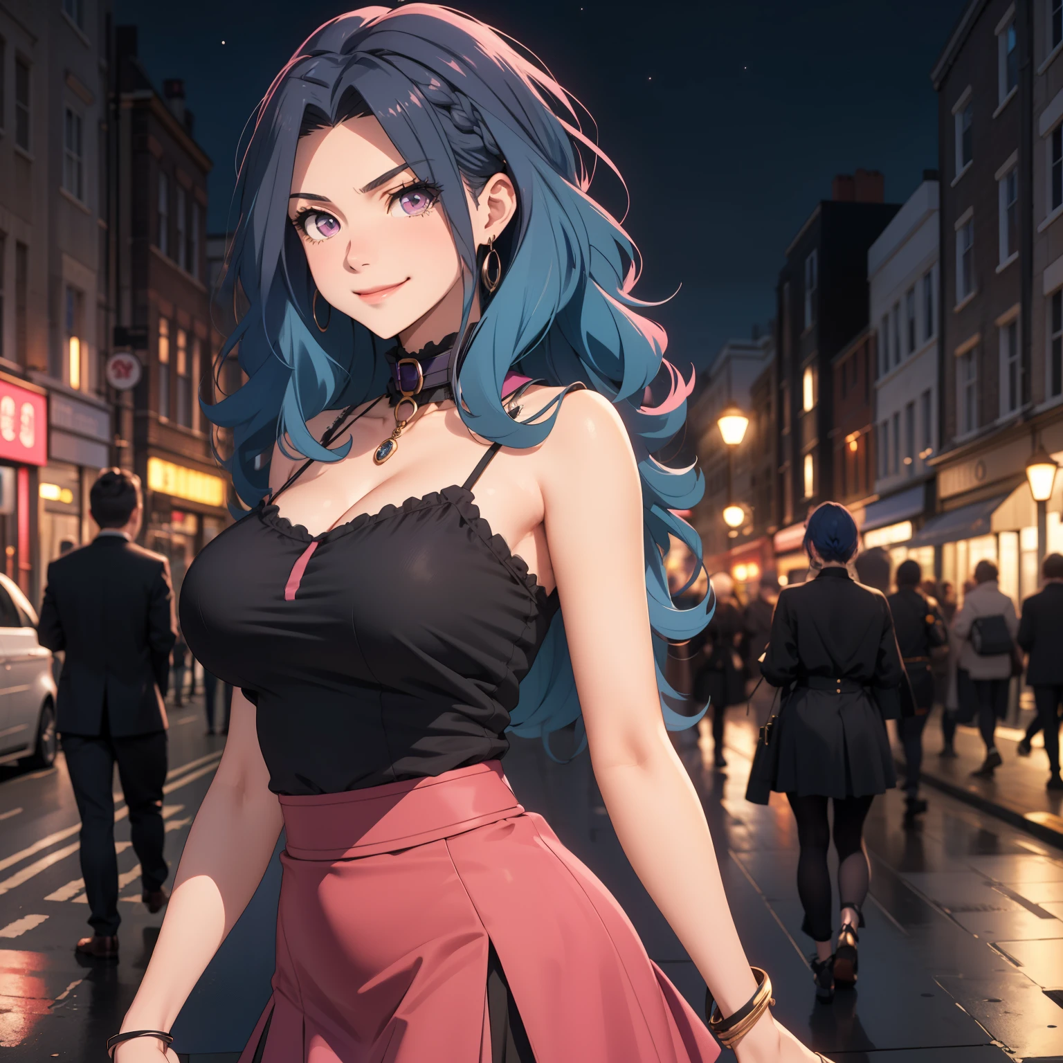  women, 30 year old woman, wavy blue hair sueto, Free hair, violet eyes like , smug smile, big breasts ,modern clothing low cut short black top, short pink skirt, neckline, tops negro ,  , background of a city streets London at night, collar, accessories.
