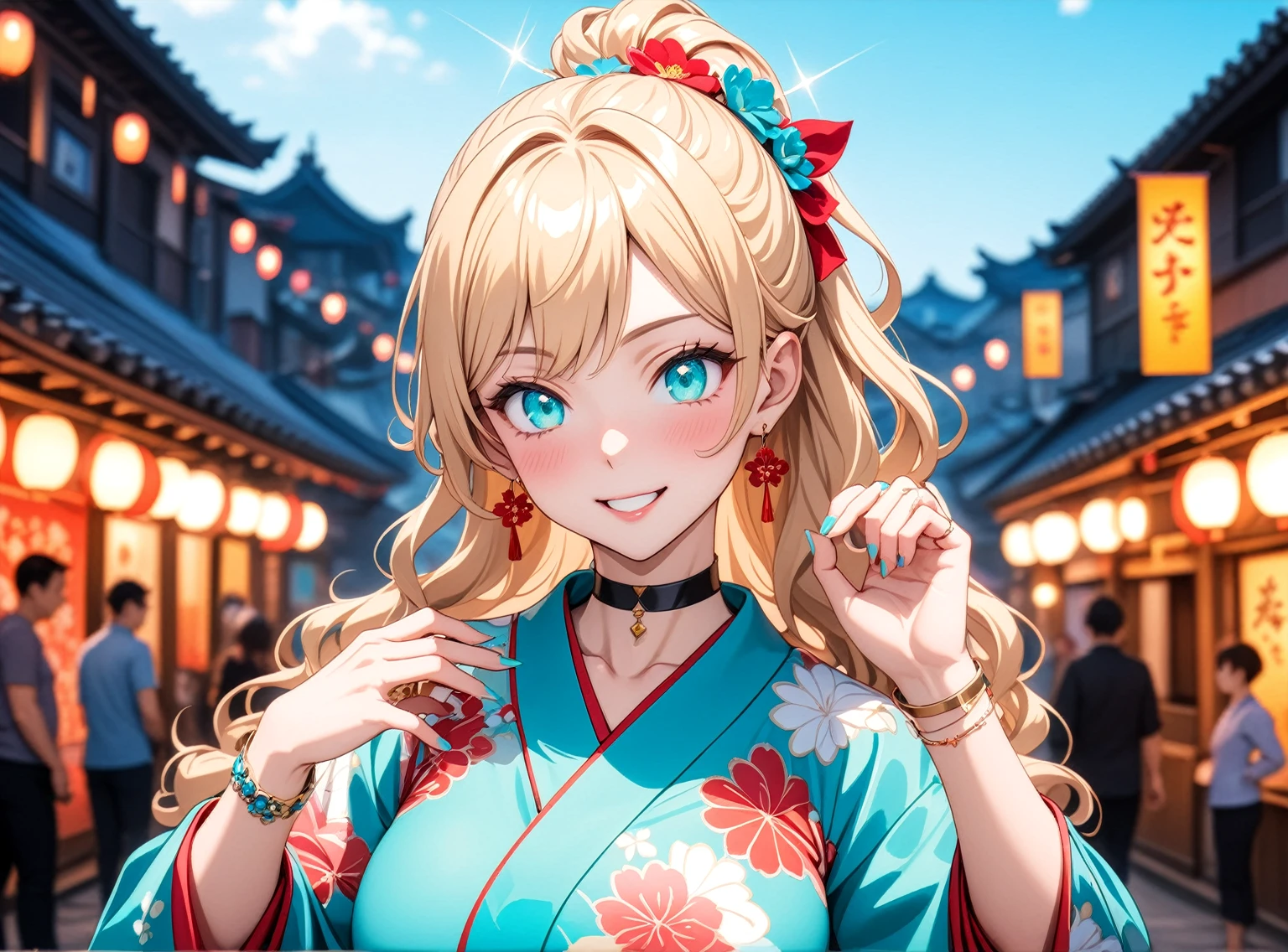 ((One personの女性)), Beautiful Face,(Laughing embarrassedly), (naughty face:1.2), ((Wink:1.7)), Laughing with your mouth open, upper teeth, ((Bright red cheeks:1.3)),Glossy pink lips, Touching hair with hands,looking at viewer,Shining Face, rooftop, Festival decorations, firework, ((Anime style background)),masterpiece, Highest quality, so beautiful,up to date, Complex details, (Pink long nails),(ring),(bracelet),(choker),AI-generated, Complex,High resolution, Highest quality, super high quality,3D Images、3D Images,One person,Long blonde hair,ponytail, wavy hair ,Anime woman posing for a photo, ((Fine grain、Turquoise Eyes、Shining Eyes:1.3)), (Squint your eyes:1.1),a hyperRealistic , hyperRealistic , Realistic,Anime woman with long white hair, Smooth anime CG art, A woman in a colorful kimono with gold embroidery, (Pink long sleeve kimono),Red floral pattern,Long flower hair ornament,Earrings,Mature Body,(Big Breasts:1.1),Tall,Abdominal muscles,Tight waist,[Zoom up to face:1.1], 