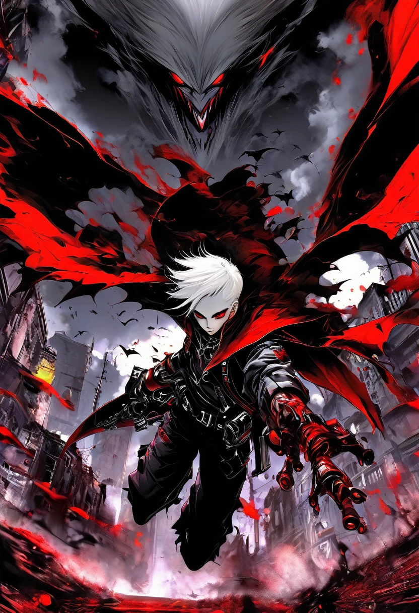 1boy, vampire boy, military outfit, white hair, red eyes, masterpiece, best quality, A cover of the magazine with an anime vampire boy in red military, There are guns elements, emo characters, and a game art style with emo, Floating in the air, full body, distant view