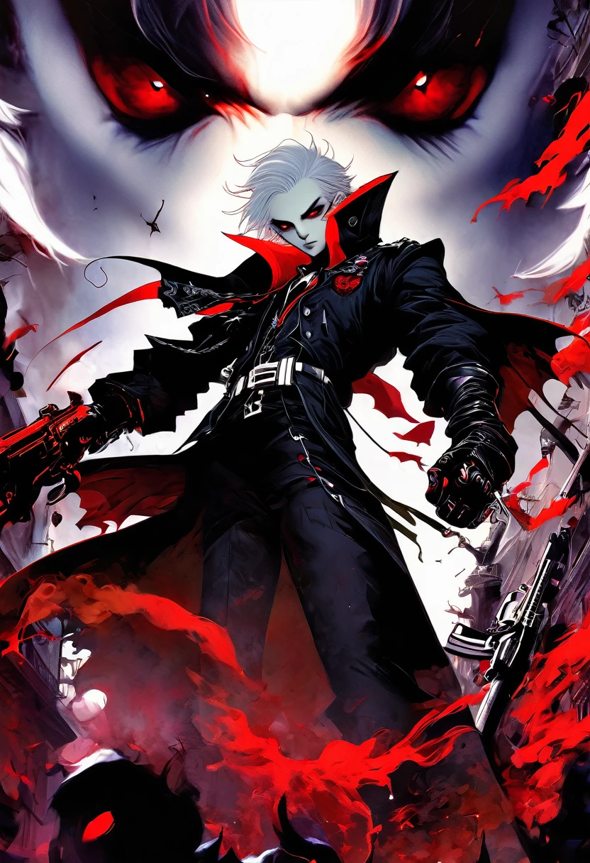 1boy, vampire boy, military outfit, white hair, red eyes, masterpiece, best quality, A cover of the magazine with an anime vampire boy in red military, There are guns elements, emo characters, and a game art style with emo, Floating in the air, full body, distant view