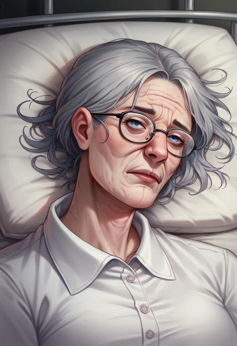 Illustration, detailed illustration, ultra-detailed, 68 year old woman, buzzed gray hair, blue eyes, glasses, wrinkles, laying in hospital bed, dying, sick 