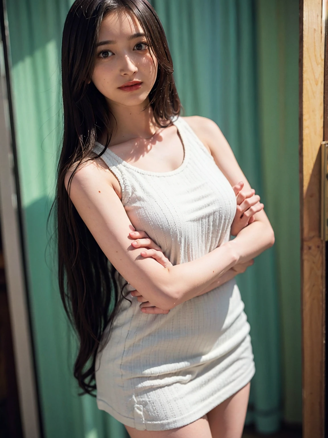1girl, woman, masterpiece, best quality, highest quality, cinematic lighting, (volumetric lighting), extremely detailed CG unity 8k wallpaper, focused, 8k wallpaper, extremely detailed, ultra realistic, photorealistic, sharp focus, absurdres, (HDR:1.2), (high contrast), photograph, detailed and intricate, instagram, portrait, highly detailed, digital painting, artstation, concept art, smooth, sharp focus, illustration, cinematic lighting, (natural big breast), black short skirt, eyes looking at the viewer, (very skinny legs), ((slender body)), skinny, (((height 155cm))), (HQ skin: 1.4, Realistic human body structure), (((standing with crossed arms))), full body:1.3, (wearing knit tank top, short skirt), (((medium shoulder)))