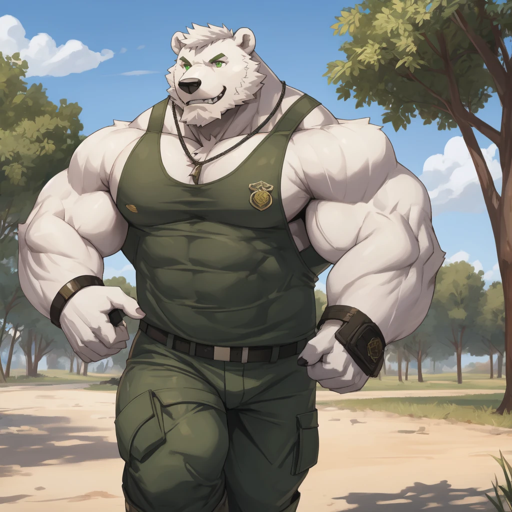 solo, 1boy, Huge Muscular White Polar Bear, huge white fur, pectoral, huge pectoral, wide pectoral, short white hair, green army tank top, green military pants, black wristbands and army boots, bearded, white Mustache, white fur, tooth necklace, military training ground background, masterpiece, high detailed, 8k, high resolution, at the training academy, running 