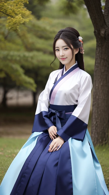 Wearing Gorgeous hanbok, Empress&#39;s costume、Li Dynasty Era、Close-up of a woman in a white blouse , standing pose, Young beautiful, cute, Korean Woman, White clothes are very transparent, Chest visible, accurate, anatomically correct, textured skin, super detail, high details, high quality, best quality, 4K, 