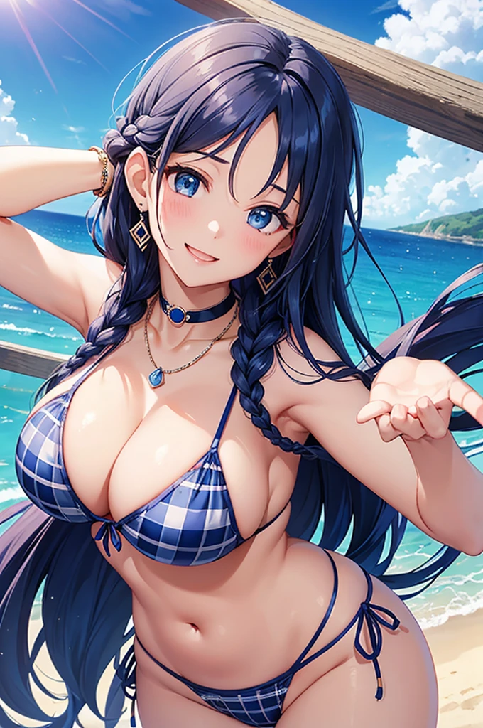 Highest quality、Highest quality、masterpiece、(8K),beauty(5)、Navy blue long hair(Braiding of sides)、blue eyes、Sexy ini(Plaid)、Big cleavageeasts)、smiklace、Blue Earrings、background(Beach)、Please open your mouth wide、bracelet、Arching pose、Blue choker
