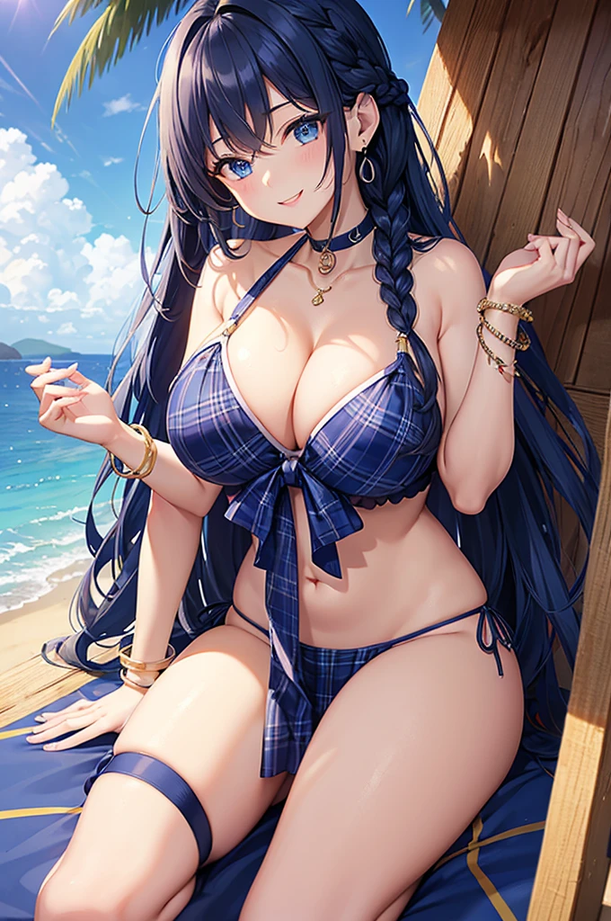 Highest quality、Highest quality、masterpiece、(8K),beauty(Age 25)、Navy blue long hair(Braiding of sides)、blue eyes、Sexy Bikini(Plaid)、Big cleavage、(Big Breasts)、smile、blue necklace、Blue Earrings、background(Beach)、Please open your mouth wide、bracelet、Arching pose、Blue choker