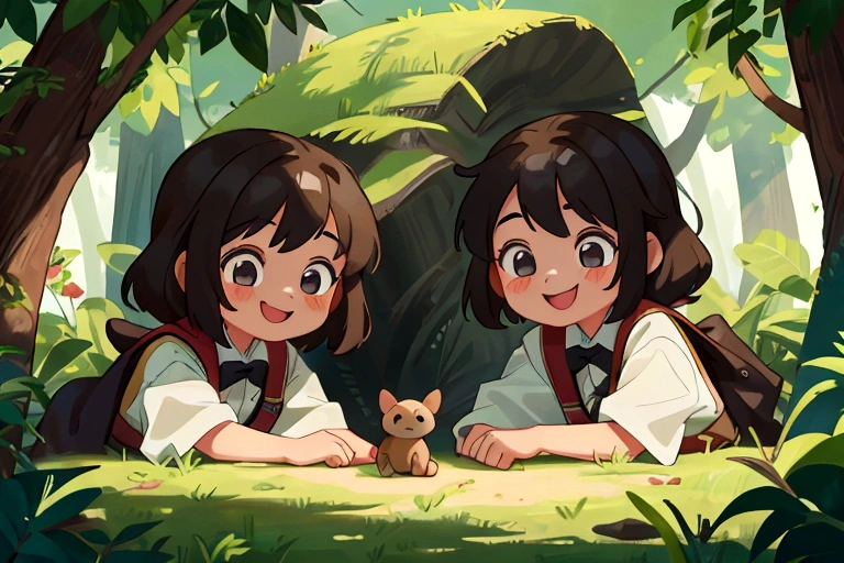 Two 10-year-old boys,Two 10-year-old girls,In nature,smile