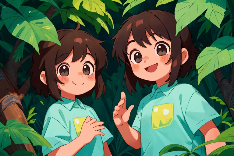 Two 10-year-old boys,Two 10-year-old girls,In nature,smile