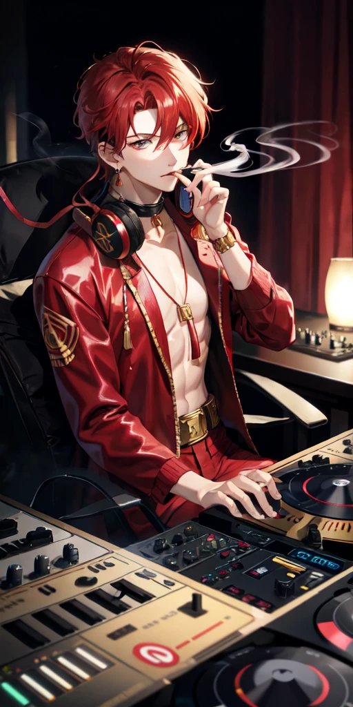 Teenage boy, on his knees shirtless, wearing headphones, latex shorts