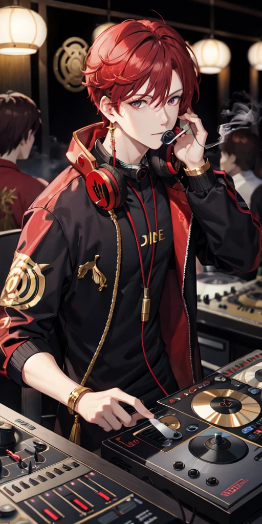 top-Quality、Red hair, golden eyes, smoking, young man, headphones around his neck, Arabian clothes, DJ