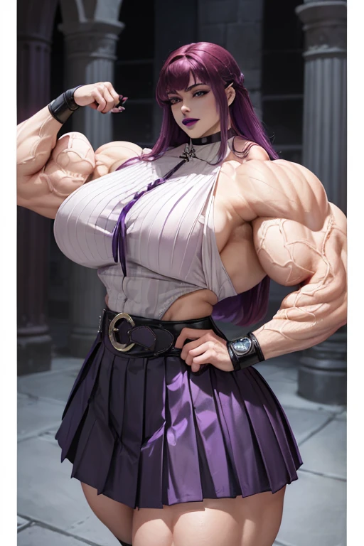 ((((Massive tall, beautiful, buff, pale white skinned muscular violet purple woman with red hair, black lipstick, ginormous bulky muscles and wearing a violet pleated shirt with beautiful long pleated skirt)))), (close view), (massive muscles), long hair with long bangs, ((chained belt)), black eyes, choker, ((violet pleated shirt and tie)), neck tie, ((beautiful long pleated skirt)), belt, thigh high socks, black boots, (in Hogwarts), closed smile, night, massive muscles