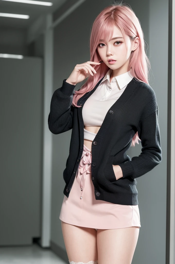 (RAW photo, best quality), (realistic, photo-realistic:1.3), masterpiece, an extremely delicate and beautiful, extremely detailed, CG, unity , 2k wallpaper, Amazing, finely detail, light smile, extremely detailed CG unity 8k wallpaper, huge filesize, ultra-detailed, highres, absurdres, soft light, (((medium hair:1.3), short bang, pink hair, floating hair novafrogstyle)), beautiful detailed girl, detailed fingers, extremely detailed eyes and face, beautiful detailed nose, beautiful detailed eyes, long eyelashes, light on face, looking at viewer, (closed mouth:1.2), 1girl, cute, young, mature face, (full body:1.3), ((small breasts)), realistic face, realistic body, beautiful detailed thigh, (ulzzang-6500-v1.1:0.8), business suit, cross-laced clothes, collared shirt, open clothes, in office, detailed office, open cardigan, black thighhighs, miniskirt, black underwear, unbuttoned shirt,