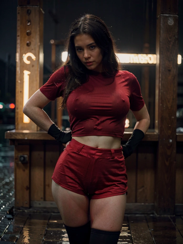 a beautiful woman wearing red shirt and black shorts, medium breasts, large buttocks, rainy background, photorealistic, 8k, ultra detailed, cinematic lighting, dramatic colors, dramatic atmosphere