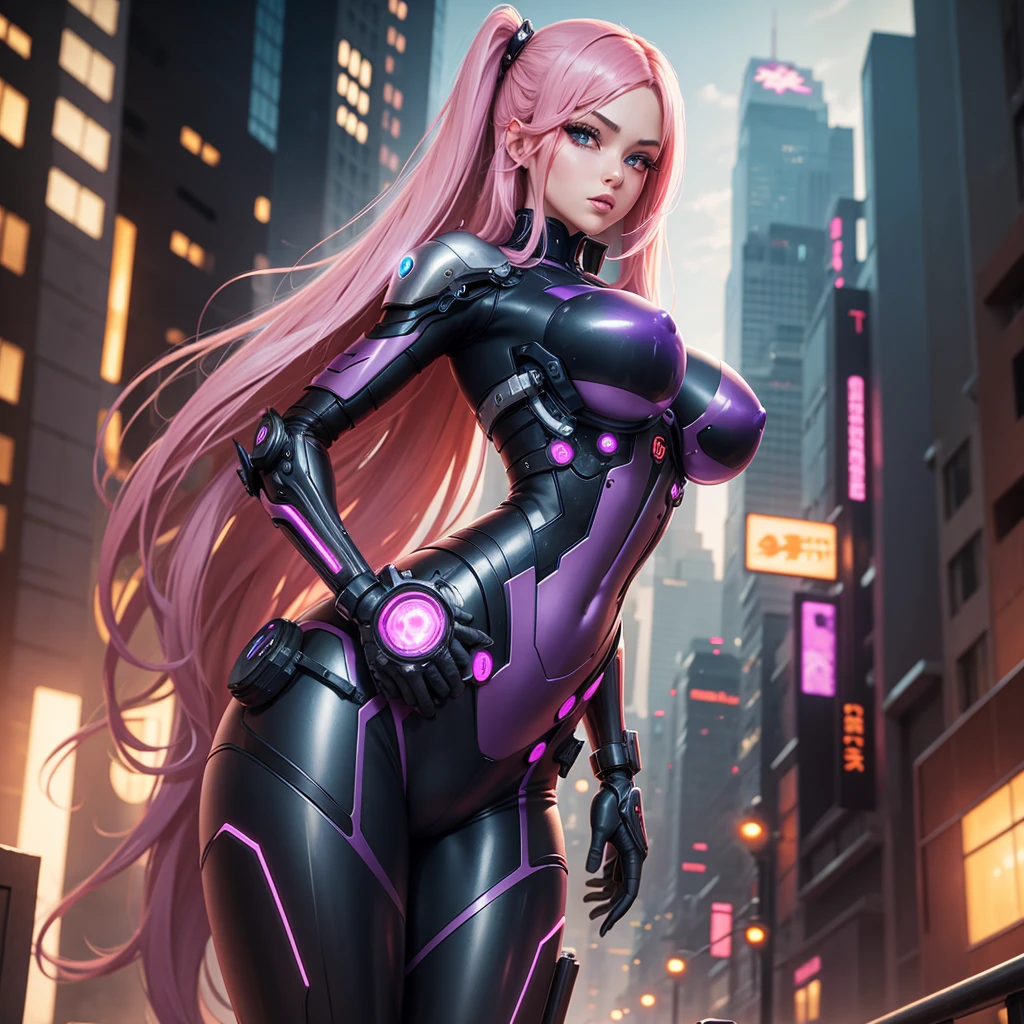 Sexy mechanical girl with prosthetics, cybernetic prostheses with elements of flesh, long pink hair, violet eyes, mechanical exoskeleton, android robot, big hips, bust, open neckline, panties seen, background city metropolis in anime style futuristic