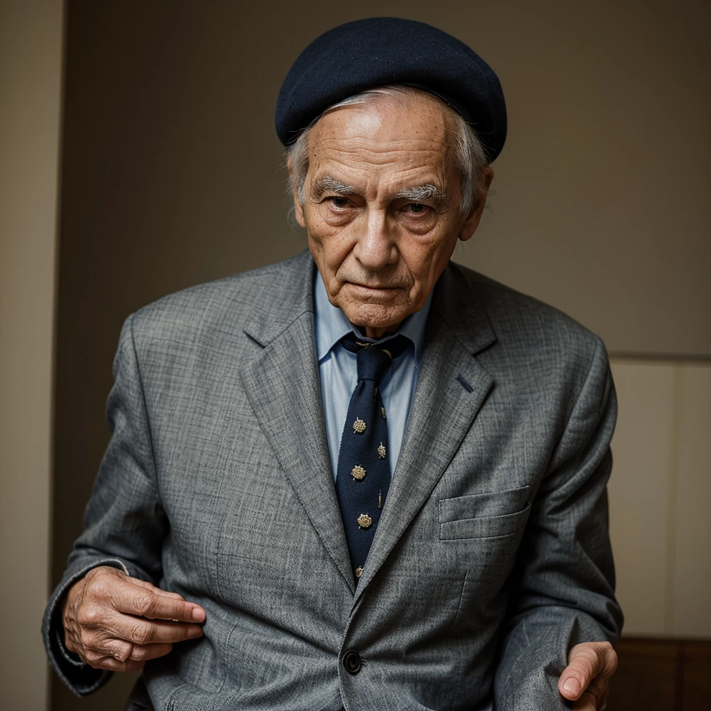Create an image of an elderly gentleman, looking wise, wearing a beret and formal clothes.