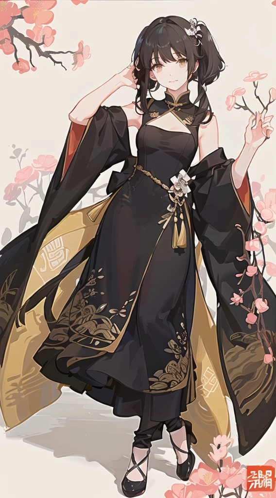 girl,full body,(detailed face:1.2), masterpiece, fashion,chinese dress,, medium hair, black hair, twintails, blunt bangs, brown eyes,
