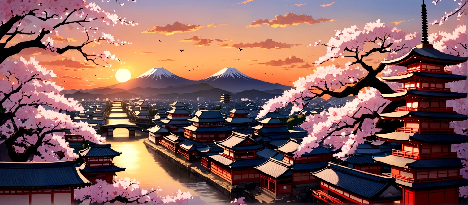 masterpiece, sunset, ancient japan city, sakura flower in front