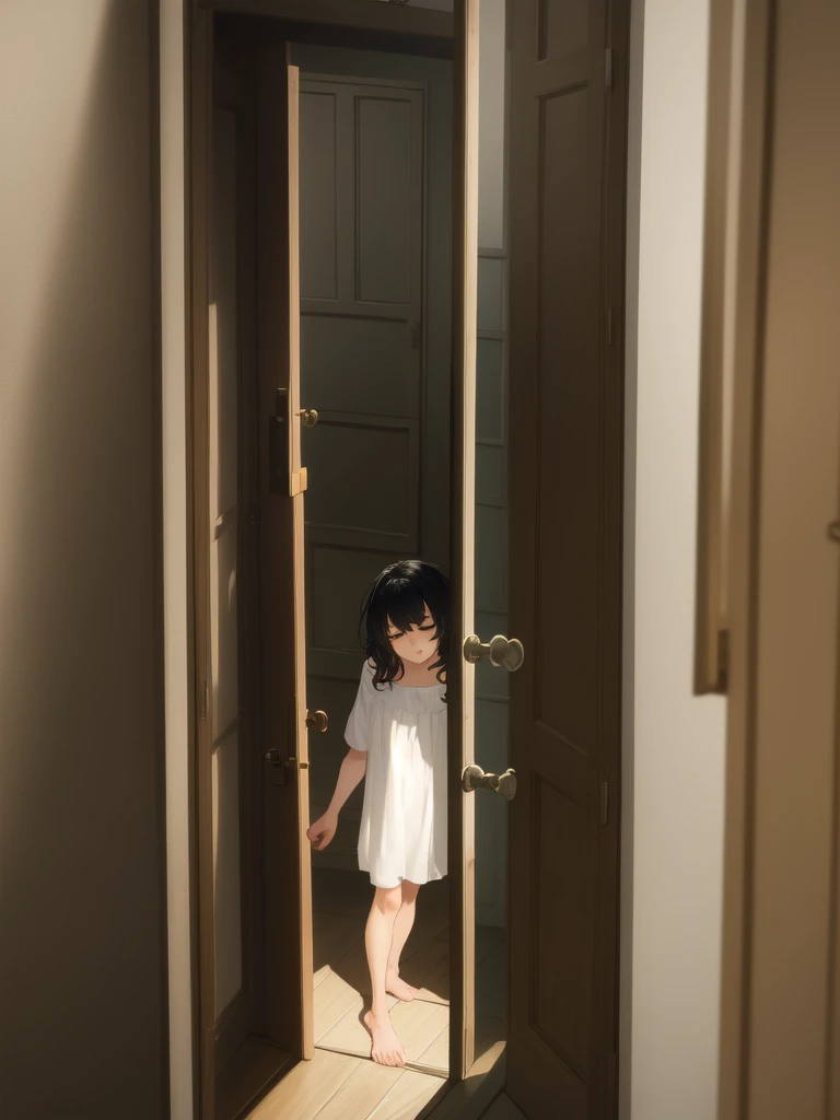 (masterpiece:1.2, best quality:1.1, highres,absurdres, high quality),(photorealistic:1.1),reflected light, colorful,ultra-detailed, ultra hd, super detailed,
yotsuya miko, open door, sleepwear,  messy hair, black hair, yellow eyes,( open door):1.4, house,  (sleepy), hallway, antenna hair, cowboy shot, 1girl, solo focus, 
 