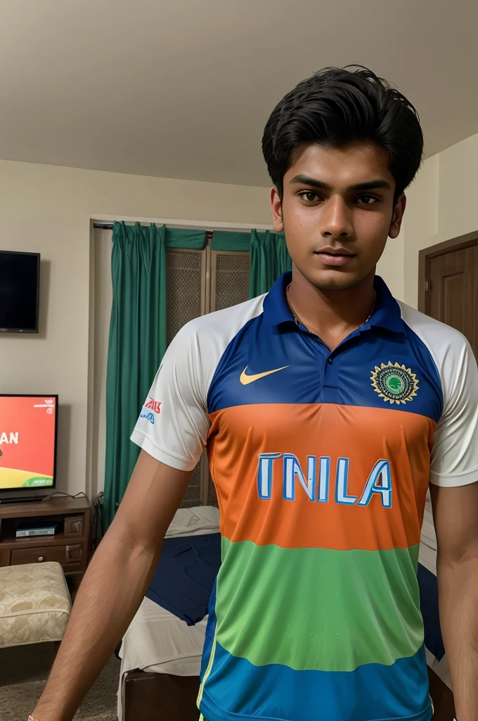 create a realistic image of 18 year old boy watching India vs Pakistan T20 world Cup on big screen in a  decorated room, boy wearing indian Team jersey on which Name "TAPAN, 18" is written boldly, create high quality image.